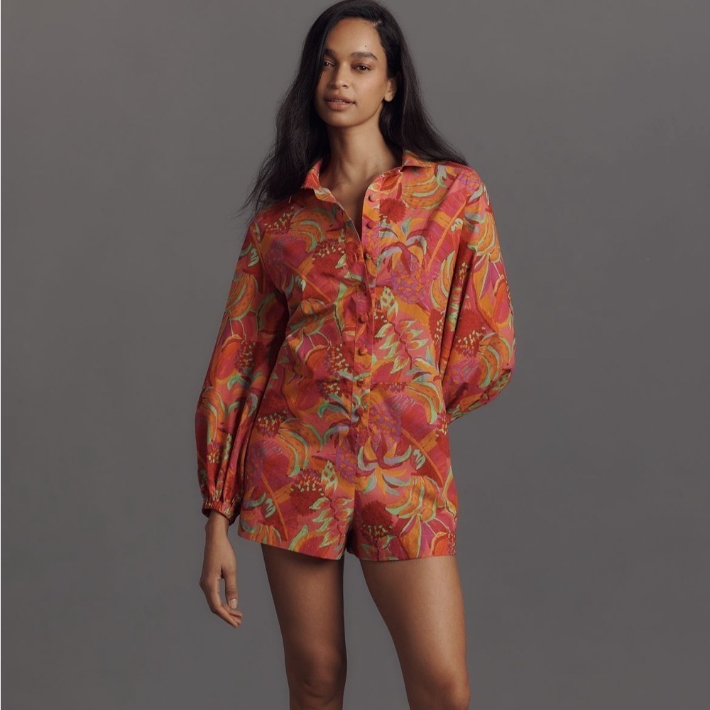 Farm Rio x Anthropologie Long Sleeve Printed Collared Romper Pink Sz M NEW